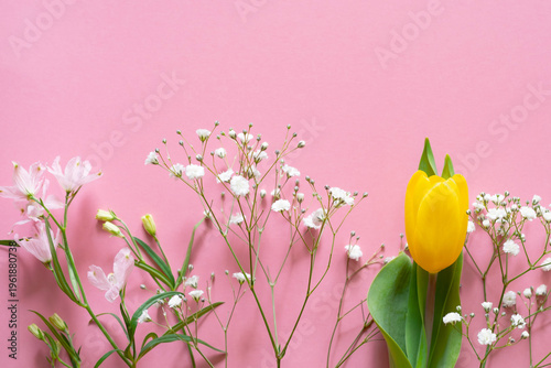 ピンクを背景に春の花をあしらったフレーム