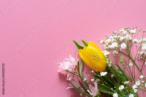 ピンクを背景に春の花によるフレームやテンプレート