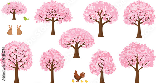 Cherry blossom tree illustration with spring animals, rabbits birds hen chicks, seasonal nature concept, floral design, flat vector graphic