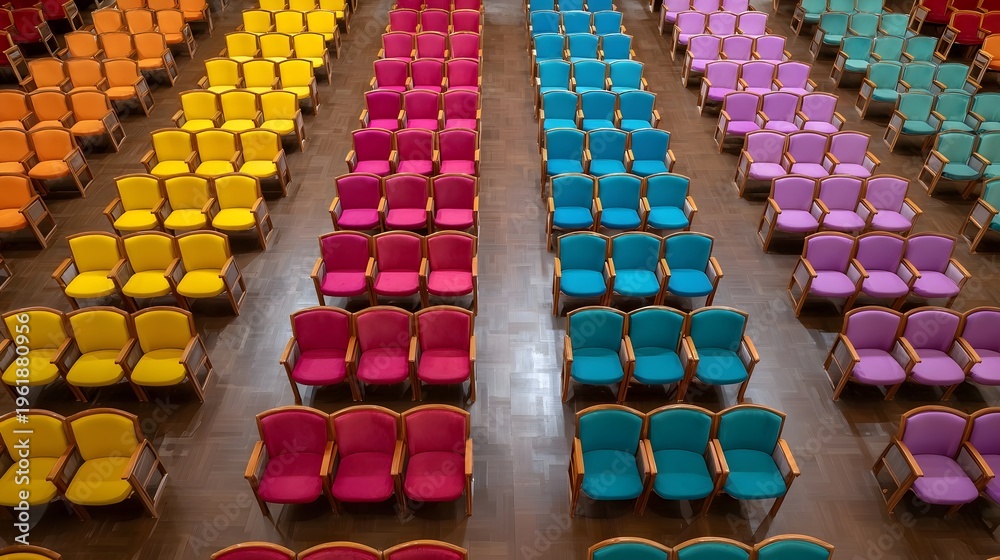 Fototapeta premium Overhead view of an empty colorful seating arrangement in a modern auditorium or conference hall featuring rows of vibrant chairs in distinct