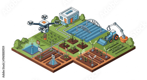 Isometric Smart Farming Illustration - Drone, Tractor, and Sustainable Agriculture.