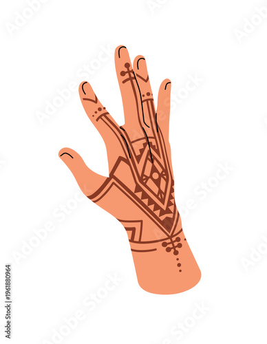 Traditional mehendi pattern on hand with different abstract elements and lines. Palm with Indian henna tattoo. Mehndi with mandala ornaments on fingers. Flat isolated vector illustration on white