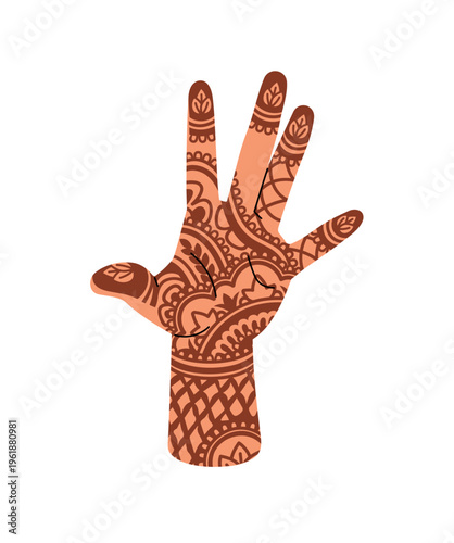 Mehndi on female hand. Design of mehendi with mandala pattern. Henna tattoo with traditional Indian elements, abstract flowers, Hindu ornament. Flat isolated vector illustration on white background