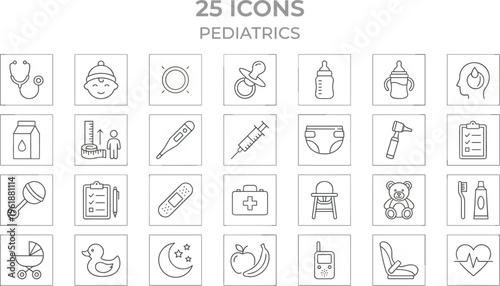 Comprehensive vector icon set featuring twenty five minimalist line icons for pediatrics baby care and childhood medical health.