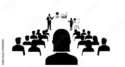 Back view business audience listening to speaker presentation at corporate conference seminar training event vector illustration