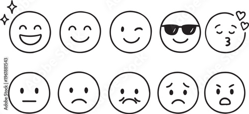 Professional Line-Art Emoji Set; 10 Circular Facial Expressions for Customer Feedback, Rating Scales, CSAT Surveys, and UI UX Sentiment Analysis; Vector Smiley Icons for Apps (EPS).