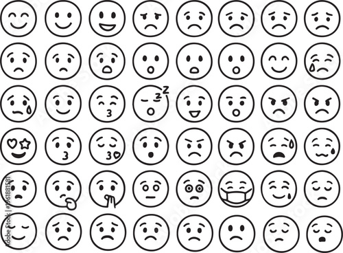 Minimalist Line-Art Emoticon Mega Pack; 48+ Facial Expression Icons for Customer Feedback, Mood Tracking, UI UX Reaction Buttons, and Social Media Messaging; Vector Emoji Set (EPS).