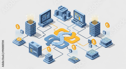 Isometric Blockchain Network Illustration - Decentralized System with Servers and Computers.