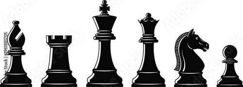 Chess piece collection illustration, strategic game design, board symbol concept, intellectual sport art, competitive play graphic, classic set icon, flat vector illustration