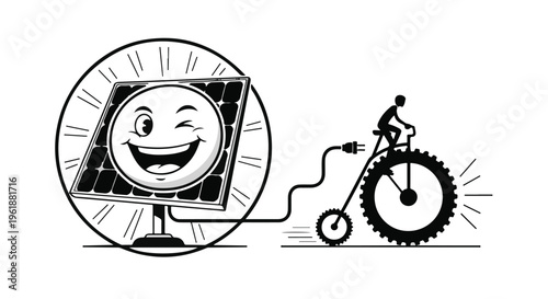 Cheerful solar panel powering a person cycling, symbolizing clean energy and active lifestyle.