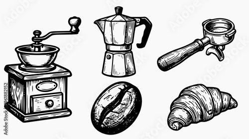 Hand-Drawn Coffee Brewing Set with Manual Grinder Moka Pot and Croissant