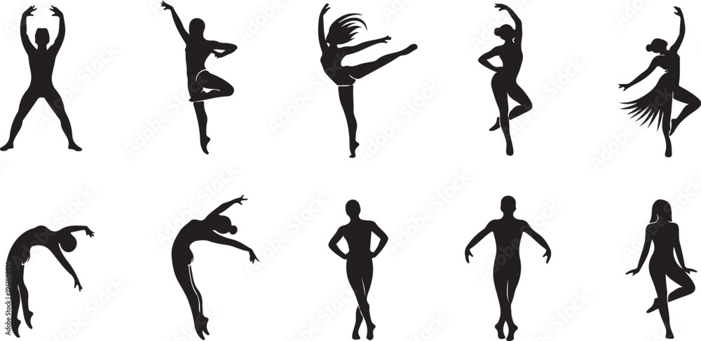 Fototapeta premium Silhouettes of dancers in various poses and movements together