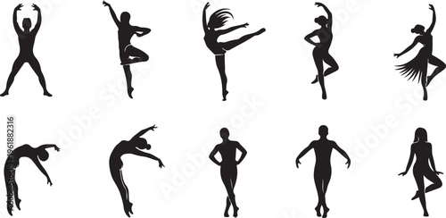 Silhouettes of dancers in various poses and movements together