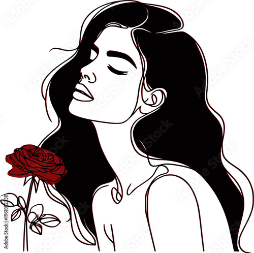 Minimalist line art portrait of a beautiful woman with a red rose. Continuous one line drawing of a female profile isolated on white background.