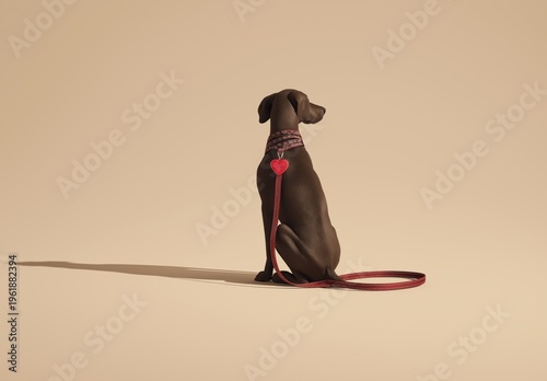 A dark brown dog sits on a leash with a heart shaped tag. It wears a patterned collar against a solid colored studio background