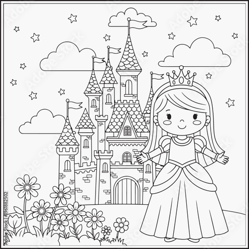 A charming princess stands before a magnificent castle under a starry sky