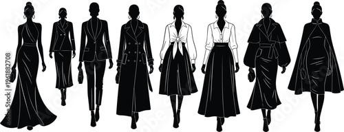 Elegant women silhouettes fashion models collection runway outfits stylish clothing black white female figures chic apparel vector illustration modern design set