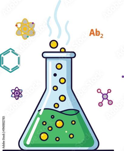 A colorful vector illustration of a laboratory flask with green liquid and scientific symbols