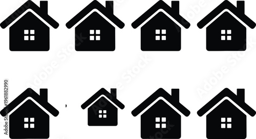 A pattern of simple black house icons with a central window and a pitched roof, symbolizing home, real estate, and residential properties.
