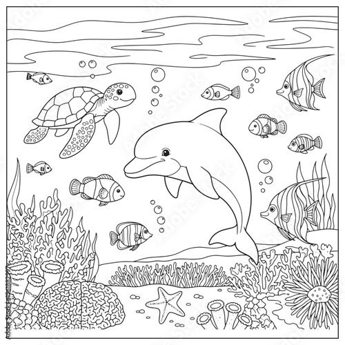 An underwater scene featuring a dolphin turtle fish and coral reef
