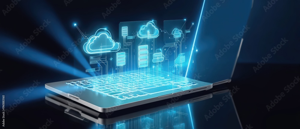 Fototapeta premium Cloud Computing Network Interface — Digital Infrastructure Concept. Futuristic cloud computing visualization with connected data nodes and digital infrastructure emerging from a laptop. 16