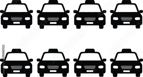 Eight black taxi cabs in a grid pattern, representing urban transportation and city travel services.