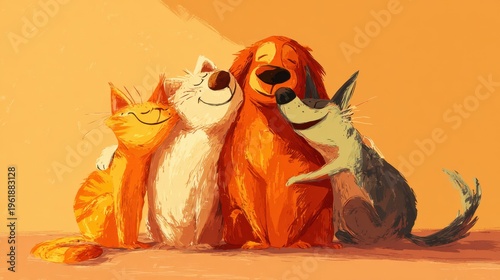 pets friendship illustration, happy vibe