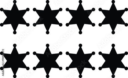 Eight black sheriff star badges arranged in two rows, symbolizing law enforcement and the Wild West.