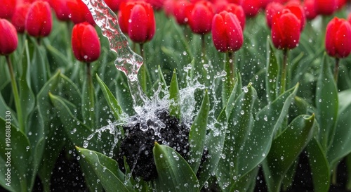 Water splashing on vibrant red tulips in bloom, showcasing the beauty of spring flowers. Tulip garden features lush green leaves and bright blooms, creating a stunning floral landscape.