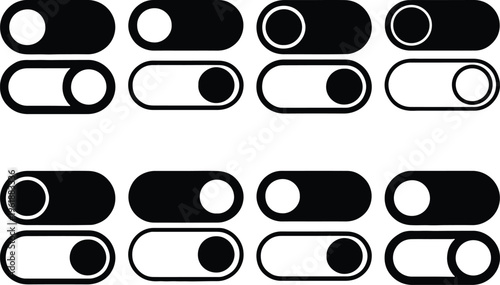 Assortment of toggle switch icons in various states of on and off, representing choices, activation, and user interface elements.