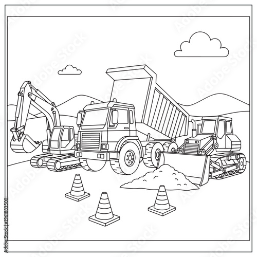 Construction site with excavators dump trucks and safety cones coloring page