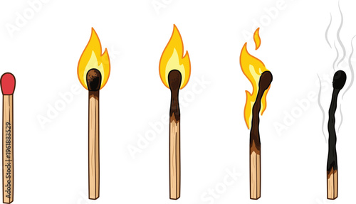 Matchstick Burning Stages from Unlit Match to Flame and Smoke Showing Fire Ignition Process Vector Illustration Isolated Background