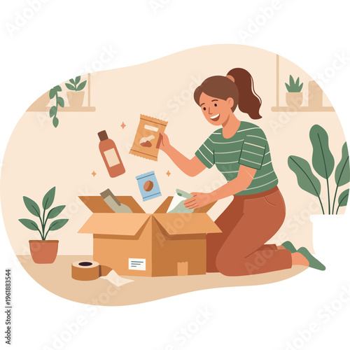 Woman unpacking a box with products and plants in a room