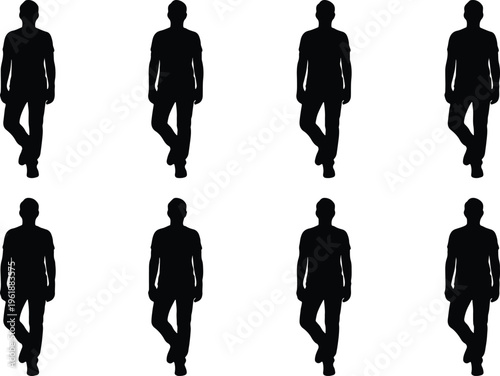Eight black silhouettes of men walking in a row against a white background, depicting movement and progression in a group.