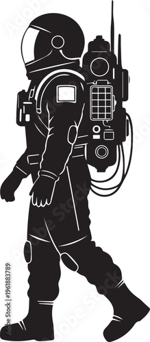 Astronaut walking vector silhouette illustration line art with space suit and life support backpack