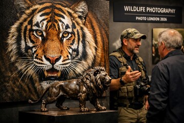 Two men discussing wildlife photography and art, featuring a large tiger painting and a lion sculpture at an exhibition.