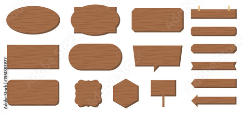 Wooden frame set with hanging board arrow signpost speech bubble and geometric plates in natural brown wood texture and subtle shadow for message display