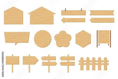 Wooden frame set with house signboard arrow fence and speech bubble icons in light beige wood texture style for rustic design elements.