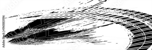 Tire tread marks, wheel textures, tire marks - car racing, motocross, drift, rally, off-road and others. Vector black isolated texture in grunge style with splashes.eps10