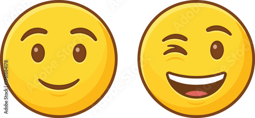 Set of smiling and winking emoji faces, cute yellow cartoon emoticons with cheerful expressions isolated on white background vector illustration