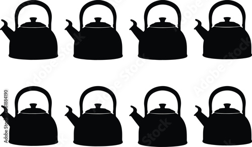 Set of black silhouettes of vintage teapots, showcasing classic kitchenware design and beverage preparation.