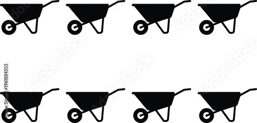 Collection of black silhouettes of wheelbarrows, representing construction, gardening, and manual labor.