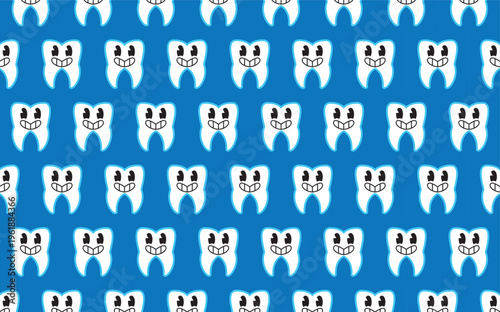 Lively seamless background showcasing rows of happy, smiling cartoon teeth against a vibrant blue field. A playful design perfect for encouraging good dental habits in kids, school health posters, and