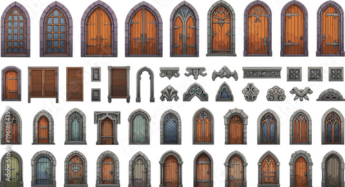 Medieval gothic doors and windows set with stone arches and wooden gates, fantasy architecture elements collection for game design, castles and decorative vector illustration
