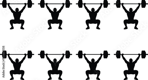 Dynamic silhouette pattern of weightlifters performing a clean and jerk, showcasing strength, power, and athletic achievement in sports.