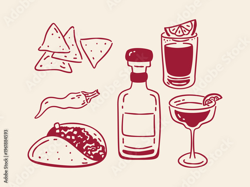 Mexican food and tequila hand-drawn doodles set with taco, chips, chili, and margarita.
