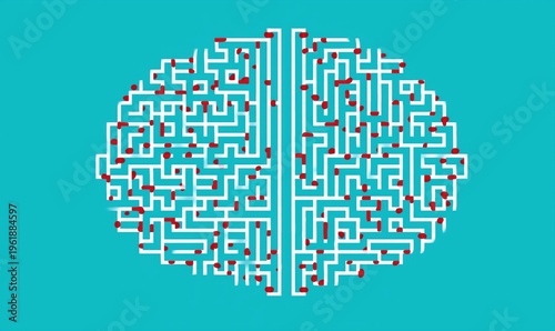 Red dots navigate a brain-shaped maze on teal, symbolizing problem-solving and finding solutions