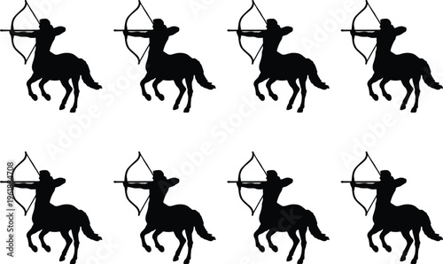 Silhouette of a centaur archer aiming a bow and arrow, repeated in a pattern, symbolizing mythology, fantasy, and ancient archery skills.