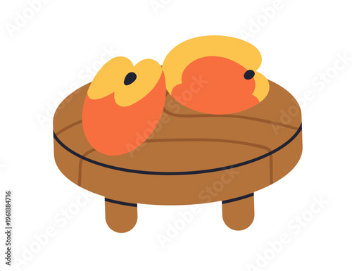Fruits on wooden plate, tray. Healthy natural food on wood dish, stand. Fresh...