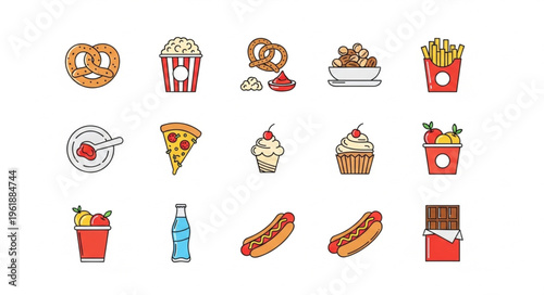 Assorted Unhealthy Food Icons - Pretzels, Popcorn, Pizza, Hot Dogs, and More.
